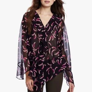 Yoana Baraschi | Little Feather Print Ruffle Sheer Chiffon Blouse 9B235 (M)